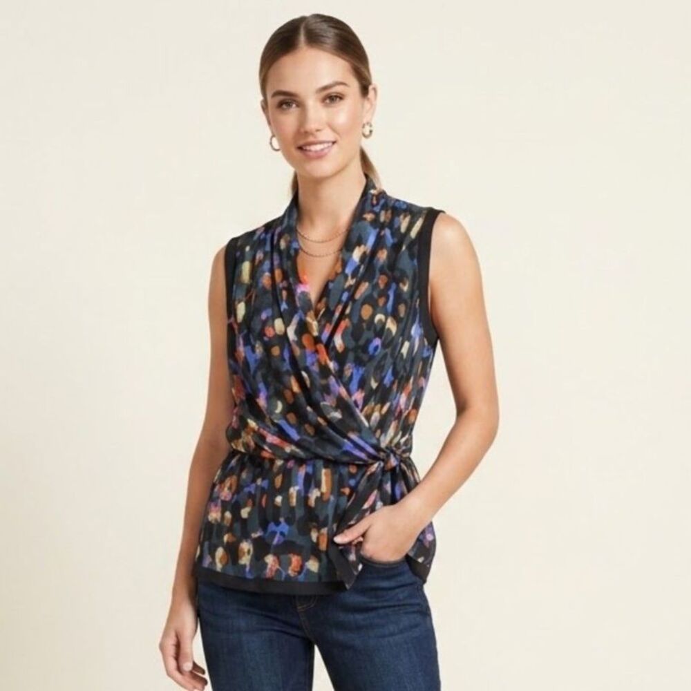 CAbi 3077 Painterly Abstract Wrap Rouched Blouse  Multicolored Artsy Boho Chic M